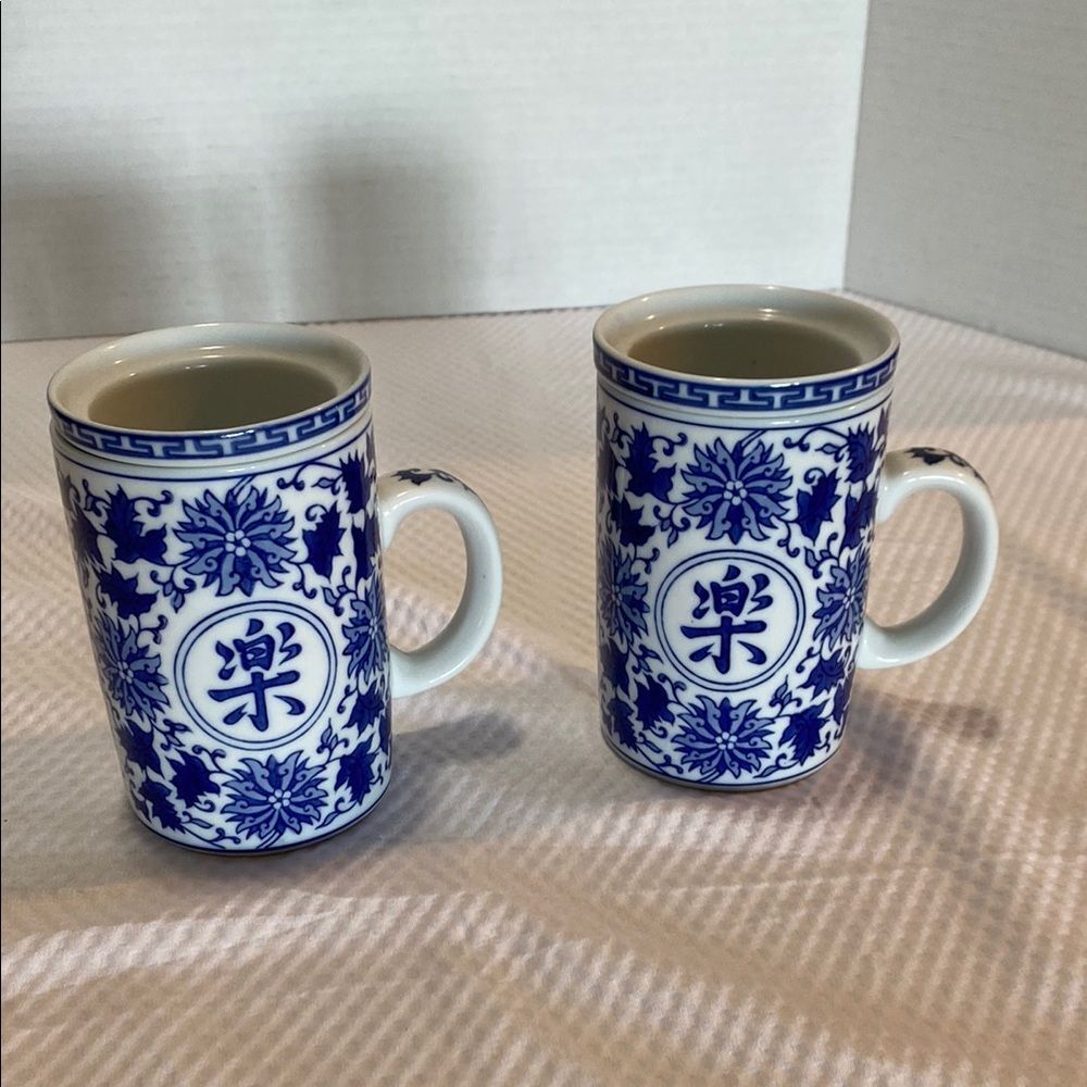 Pier 1 Blue and White “Happiness” Japanese Porcelain Tea Mug Set